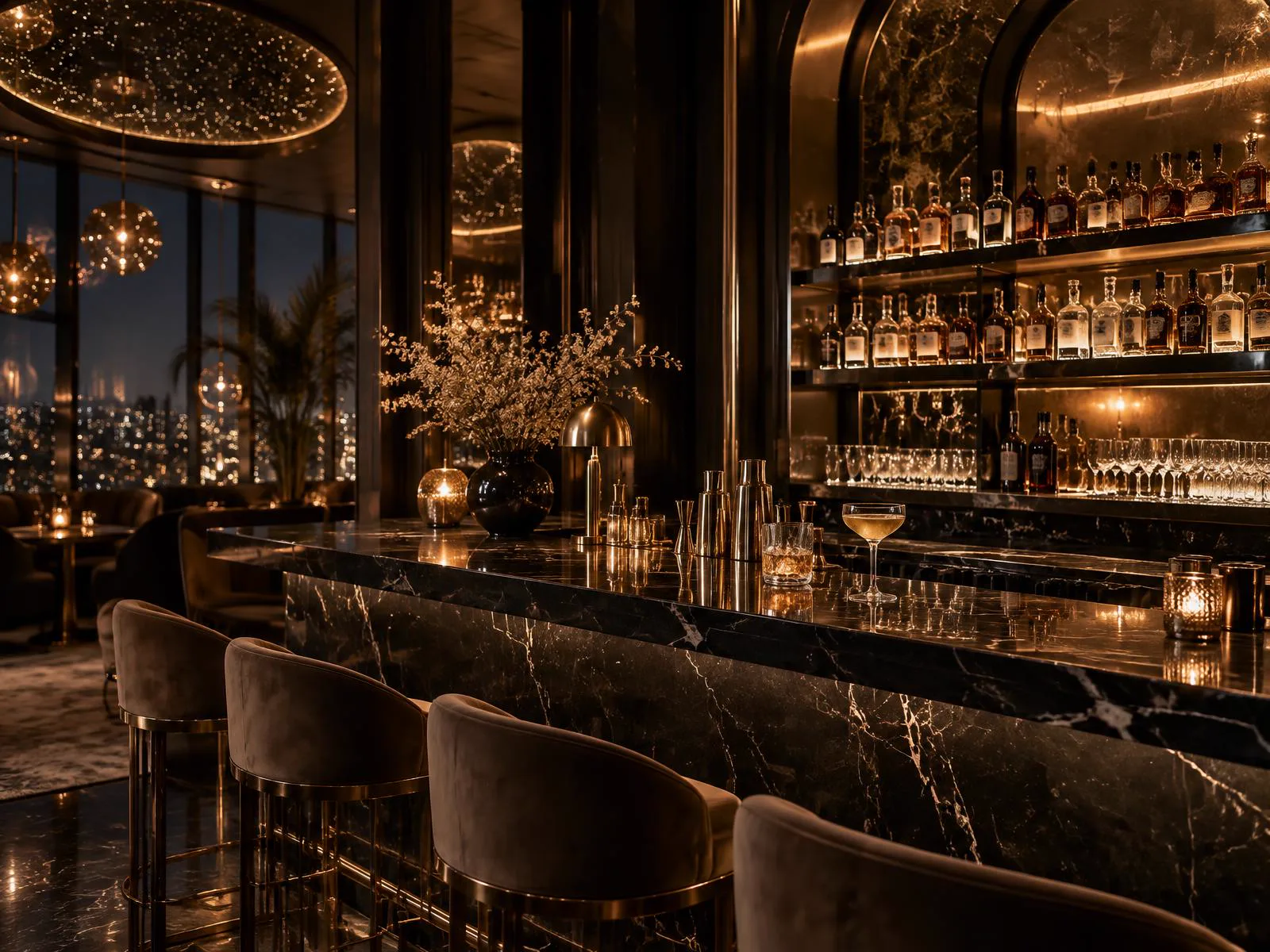 A sophisticated black marble cocktail bar